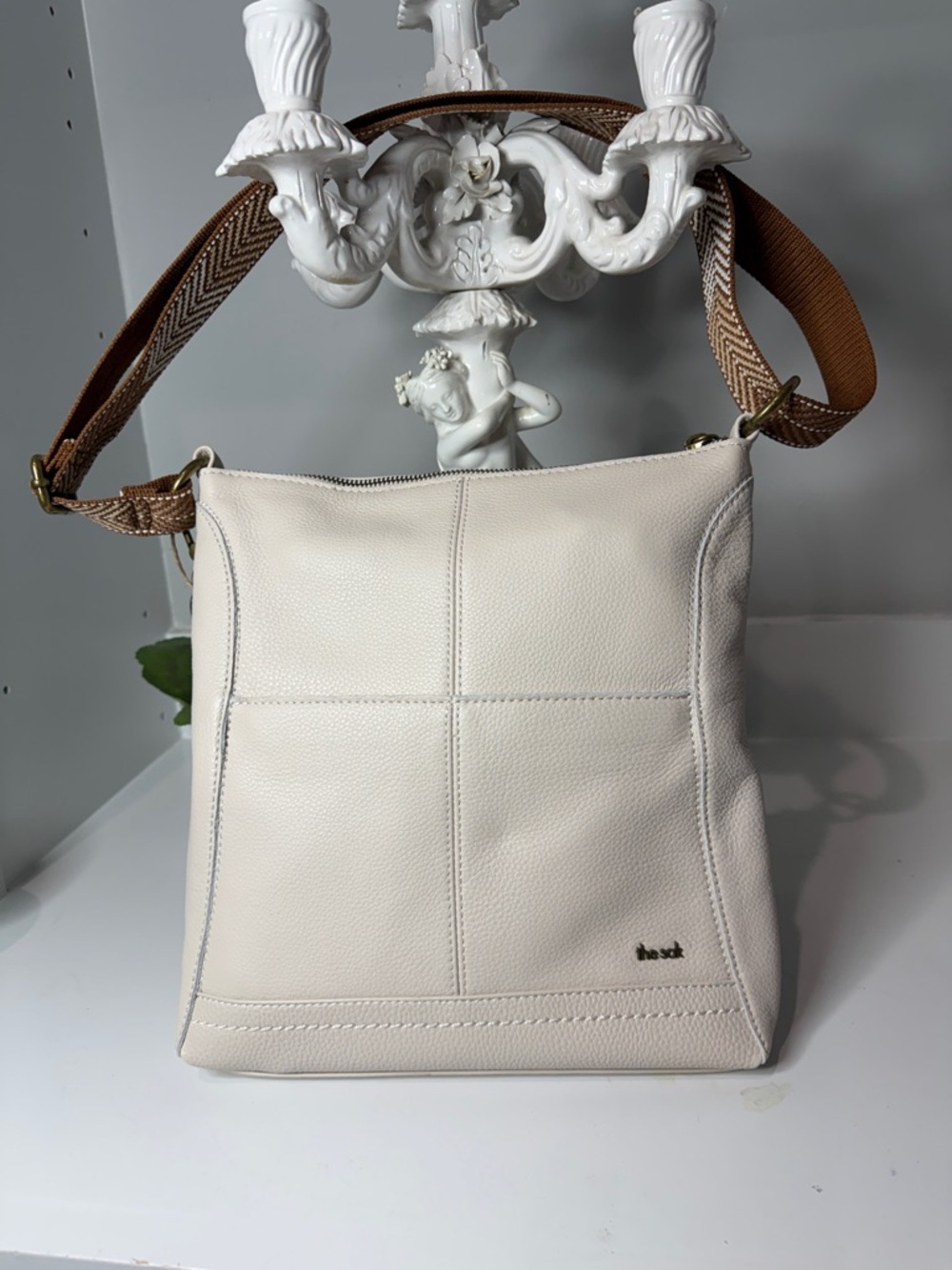 Classic Cream Leather Crossbody Bag with Brown Strap the sac New - Picture 2 of 4